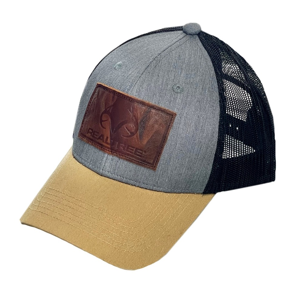 Realtree Leather Patch Grey Heather Cap Men's Snapback Trucker Hat Hunting